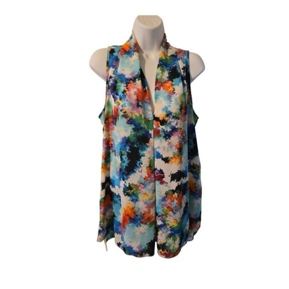 SPENSE Sleeveless Abstract Multi Color Print Collared Drape Front Top M /0136